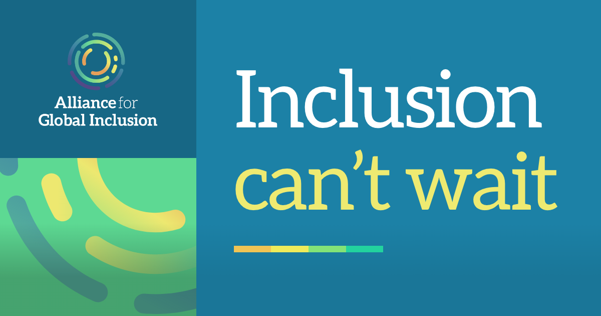 Alliance For Global Inclusion combination mark with the text "inclusion can’t wait", horizontal rectangle